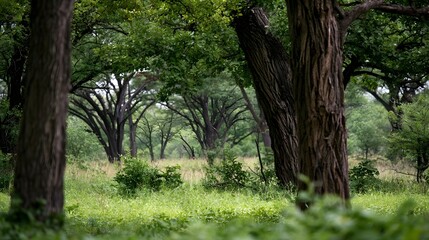 Fototapeta premium A serene woodland scene with tall trees and lush green grass under soft natural light creating a tranquil and organic landscape