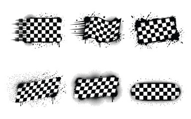 Fototapeta premium Grungy racing checkered flags collection with spray splatters and fast movement motion blur effect.