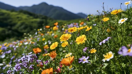 Fototapeta premium Vibrant wildflowers bloom across a sunlit hillside with rolling green mountains in the background under clear blue skies