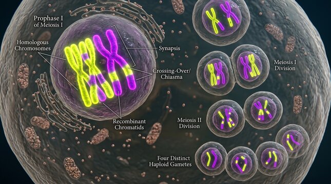 Meiosis cell division diagram showing chromosome pairing and genetic recombination stages.