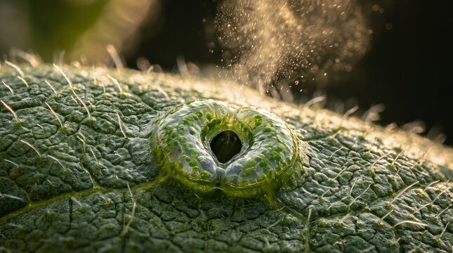 Microscopic view of plant stomata with guard cells opening on a green leaf surface.