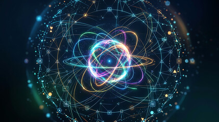 Fototapeta premium Glowing orbital network with interconnected nodes and colorful light trails orbit