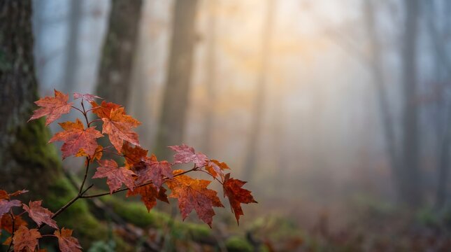 Vibrant red maple leaves on branch in misty autumn forest at golden sunrise