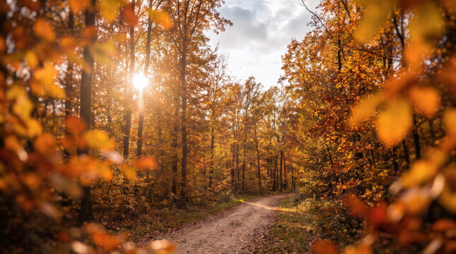 Forest path through golden autumn trees with warm sunburst in background