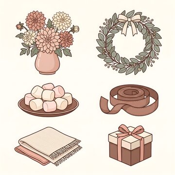 Vintage cozy lifestyle set, floral bouquet and autumn wreath, gift box icons