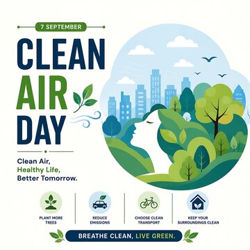 Clean Air Day environmental poster, September 7 global awareness campaign, eco-friendly lifestyle and green city concept