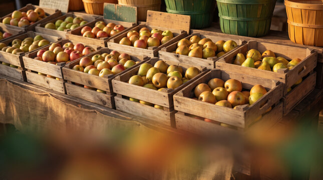 Wooden crates filled with fresh apples and pears at autumn farmers market