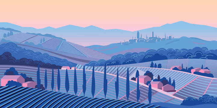Romantic Mediterranean rural landscape with country houses, vineyards, farms, cypress trees, a small town, and mountains in the background. Handmade drawing vector illustration. Flat design.