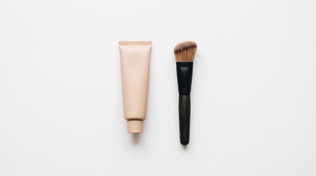 Cosmetic Foundation and Brush: A tube of foundation cream and a makeup brush are neatly arranged on a clean, minimalist surface, ready for application.