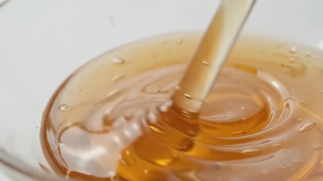Pure golden honey flowing and swirling in a clear glass bowl