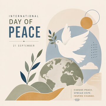 International Day of Peace poster, white dove with olive branch and earth globe, minimalist boho aesthetic for September 21st