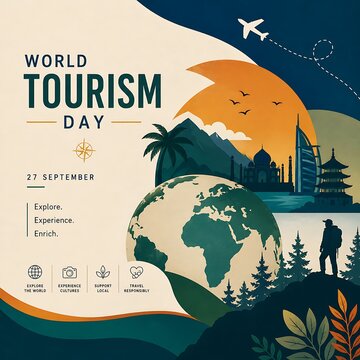 World Tourism Day poster with globe and landmarks, vintage travel illustration for September 27, global adventure and vacation concept