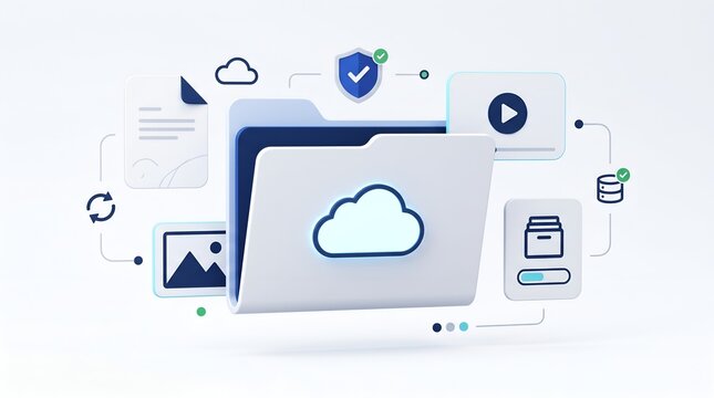 3d cloud storage folder with icons for data security and file management
