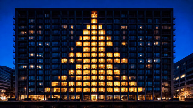 Illuminated Office Building Windows Form Christmas Tree Silhouette at Night for Corporate Holiday Advertising
