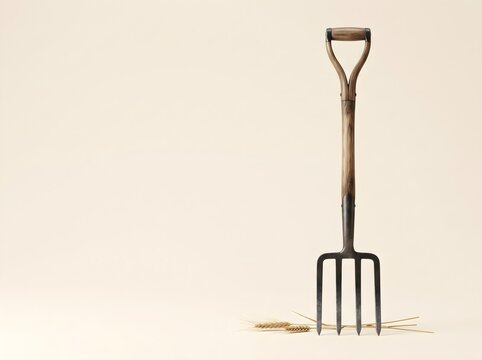 Vintage garden fork, rustic digging tool, antique pitchfork on beige background
