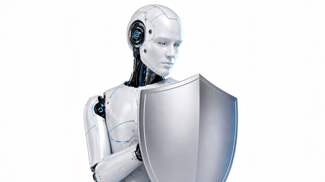 Humanoid Robot Holding Protective Shield on White Isolated Background 