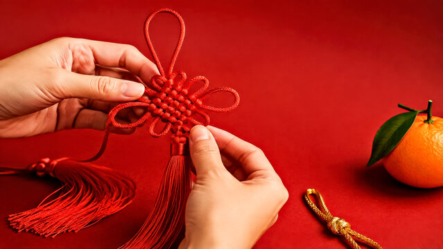 Hands Making Traditional Red Chinese Knot with Tassel for Lunar New Year Craft and Prosperity Decoration
