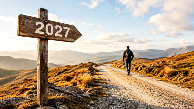 Man Walking Toward 2027 Road Sign for Future Goals, New Year Direction and Life Journey