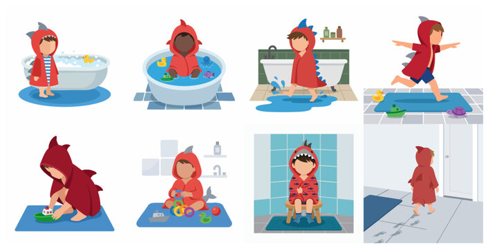 Set of Cute Child Character Illustrations Wearing a Red Shark Hooded Bathrobe for Bath Time Routine
