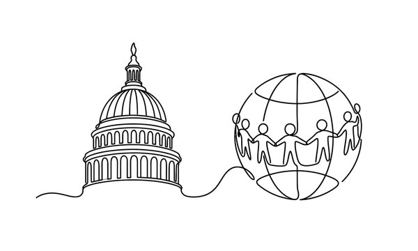 International Day of Democracy one line art design 2026 new editable United states capitol building connected to global unity illustration with people holding hands isolated on transparent background,