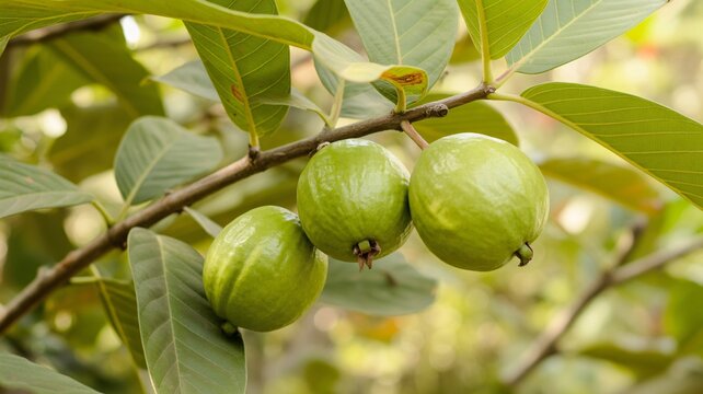 Fresh green guavas hanging from tree branches surrounded by lush green leaves in an orchard with green guava fruit tree branch tropical fruit