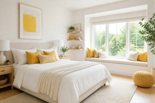 Bright room bathed in natural light from wide windows. White bed with yellow pillows and textured throw invites rest. Floating shelves hold plants and decor in soft, warm tones