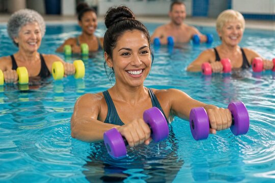 Group smiles in water, lifting purple weights together. Joyful women exercise in pool, building strength and fun. Bright colors contrast with clear blue water. Perfect for health, fitness