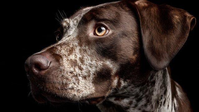 Striking close-up profile of a beautiful brown and white spotted German Shorthaired Pointer dog against a stark black background.