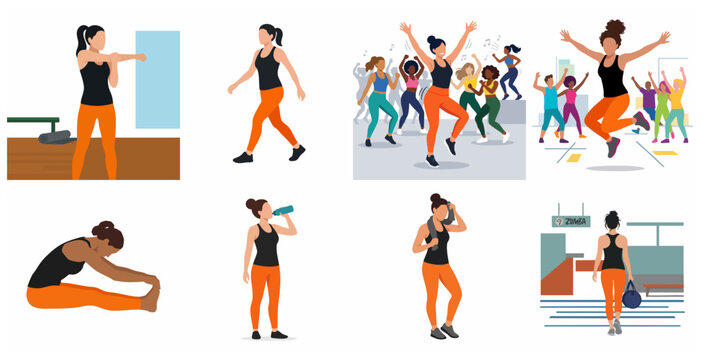 Set of diverse women doing fitness and workout activities, group dance class, stretching and healthy lifestyle exercises vector illustration