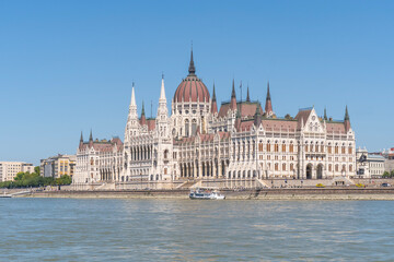 Naklejka premium The neo-Gothic building of the Hungarian Parliament on the banks of the Danube in Budapest
