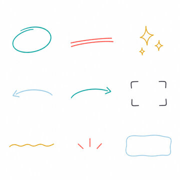 Hand drawn annotation marks arrows underlines sparkles and frame set
