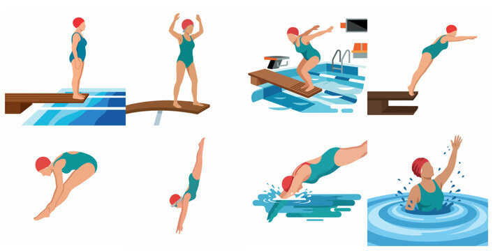 Senior Woman Diving into Swimming Pool Illustration Set, Active Elderly Female Character Jumping from Diving Board, Healthy Lifestyle and Sports for Seniors Concept