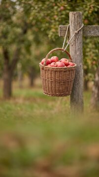Wicker basket of red apples hanging on a wooden fence post in apple orchard