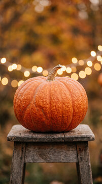 Pumpkin on rustic wooden stool with warm string lights bokeh at autumn dusk