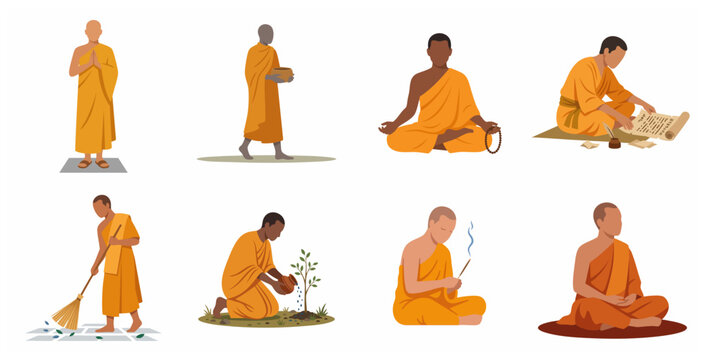 Collection of Buddhist monk characters in various activities and poses including meditation, praying, and daily tasks vector illustration