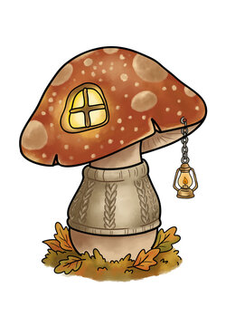 Pilz mit Fenster, Laterne und Herbstlaub als Illustration