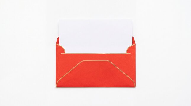 Elegant open red envelope with blank white paper insert showcasing professional corporate stationery branding layout design placed on white background