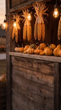 Dried corn husks and mini pumpkins displayed on rustic wood shelf with lights