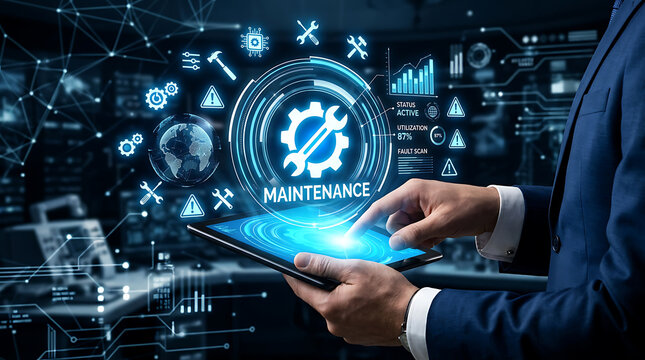 Hand holding tablet displaying gear icon with wrench maintenance data visualization