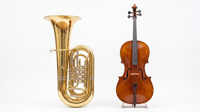 Shiny brass tuba positioned next to an elegant wooden cello showcasing professional musical instruments for performance on white background