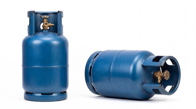 Blue propane gas cylinders featuring brass valves standing upright and lying flat in a simple studio shot on white background