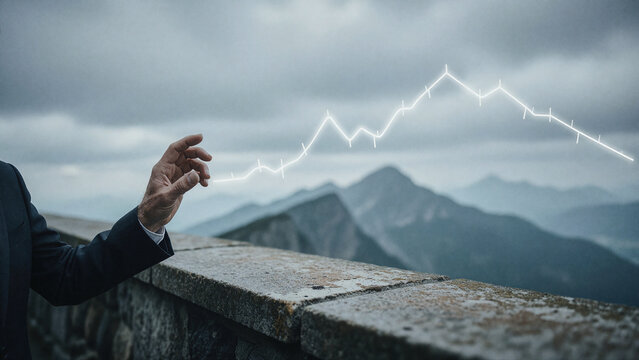 Hand reaches toward a glowing white line graph floating in mid-air above misty mountain peaks under an overcast sky with soft diffused illumination.