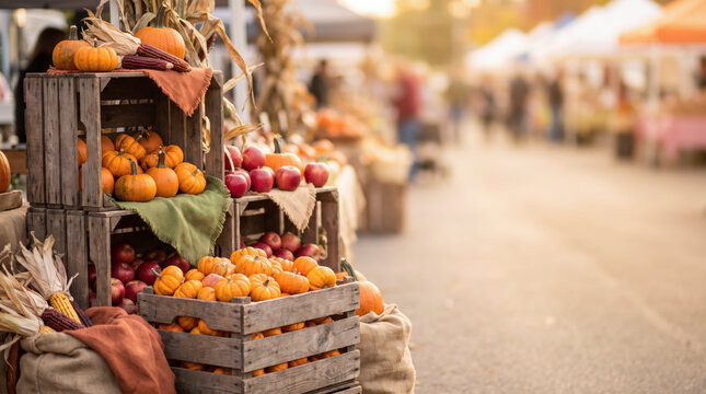 Wooden crates overflowing with mini pumpkins, red apples and corn at autumn market