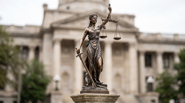 Bronze Lady Justice statue blindfolded holding balanced scales of justice and sword on blurred bright bokeh background, law, justice, legal system 
