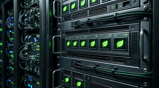 Server rack with illuminated leaf shaped indicators and complex cabling system