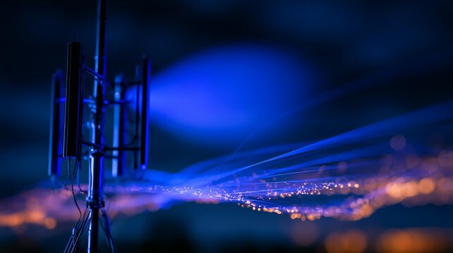 Tower sending digital information with glowing light trails and particle effects