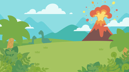Obraz premium 火山と恐竜のいる時代の風景イラスト_16:9