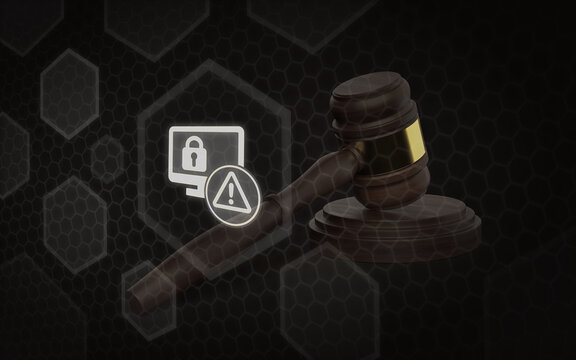 A legal warning concept with a judge gavel and a security alert symbol on a dark digital hexagon background, representing cyber law, regulations, and digital crime rules