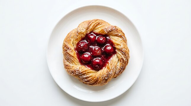 Delicious Cherry Danish Pastry on White Plate Minimalist Food Photography for Bakery Menu and Restaurant Presentation
