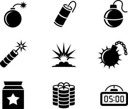 Bomb and Dynamite Icon Set with Explosion, TNT Sticks, Timer and Firecracker Silhouette for Game and Military Design in Black Style